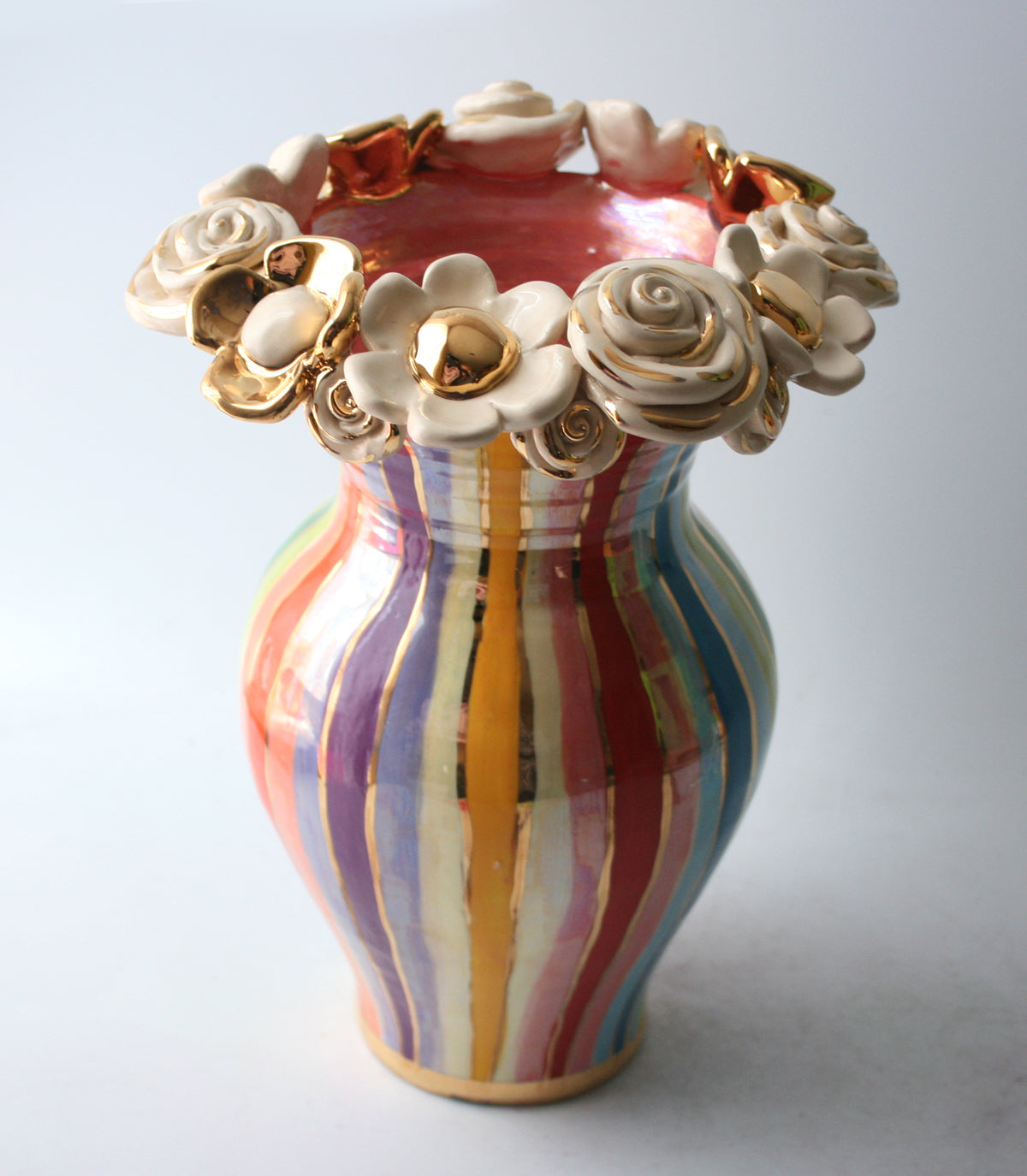 Large Multiflower Encrusted Vase in Lustred Stripe