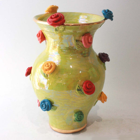 Large Rose Studded Vase in Iridescent Green