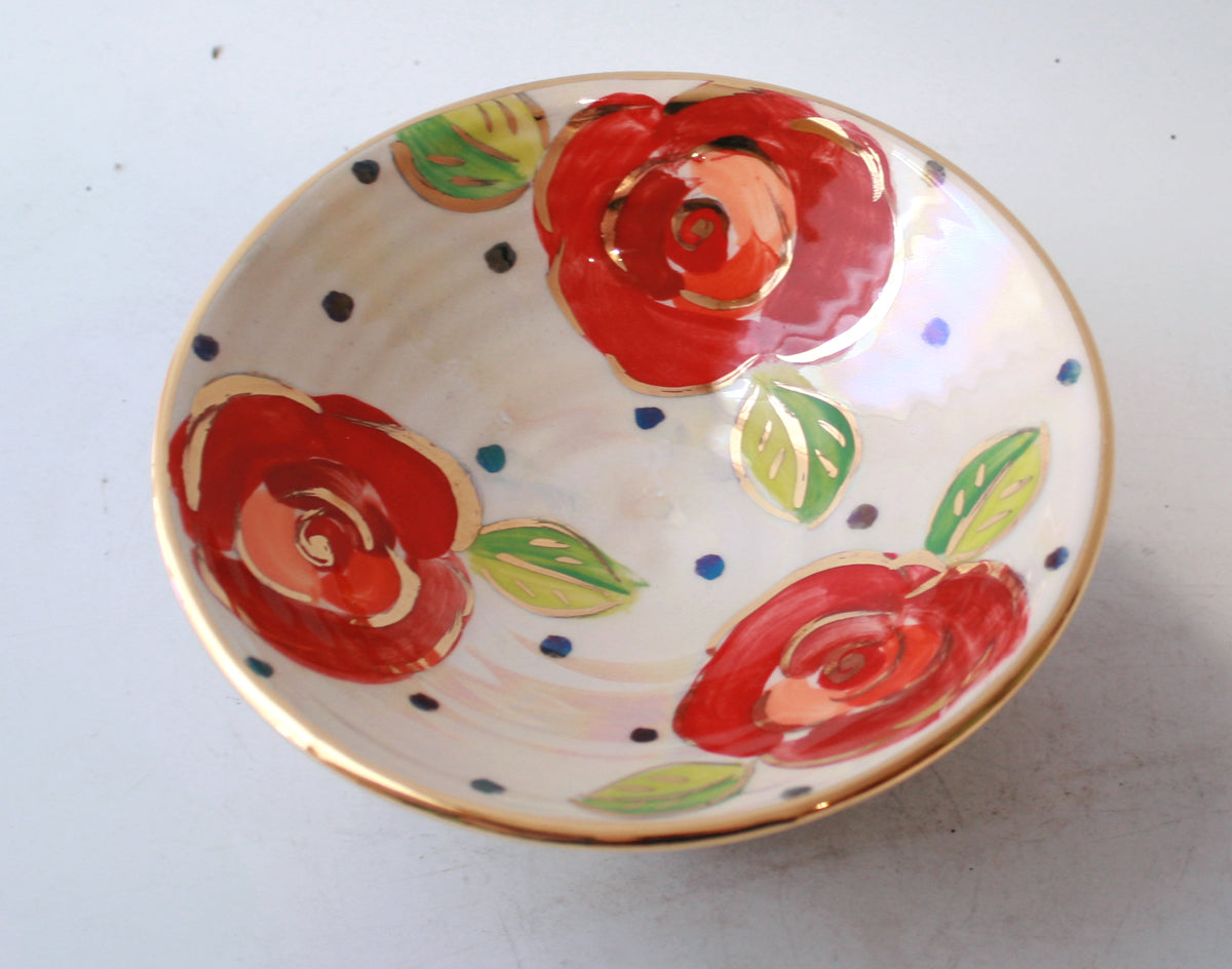 Rose Footed Dish in Gold New Rose on Polka