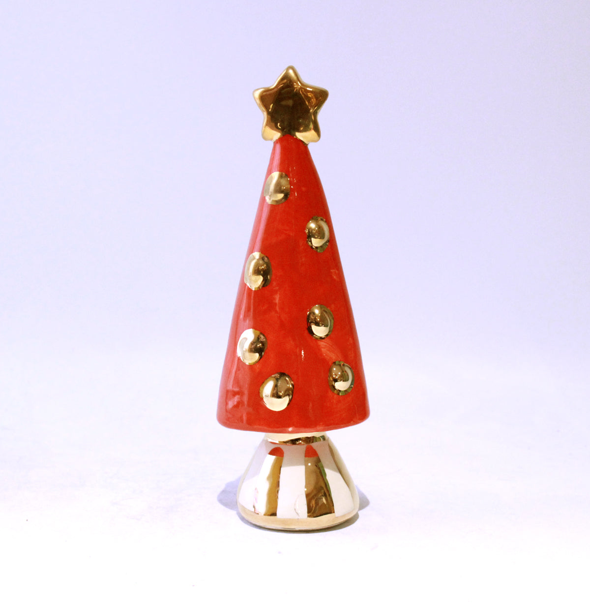 Small Christmas Tree in Red with Gold Ornaments and a Gold and White Striped Base