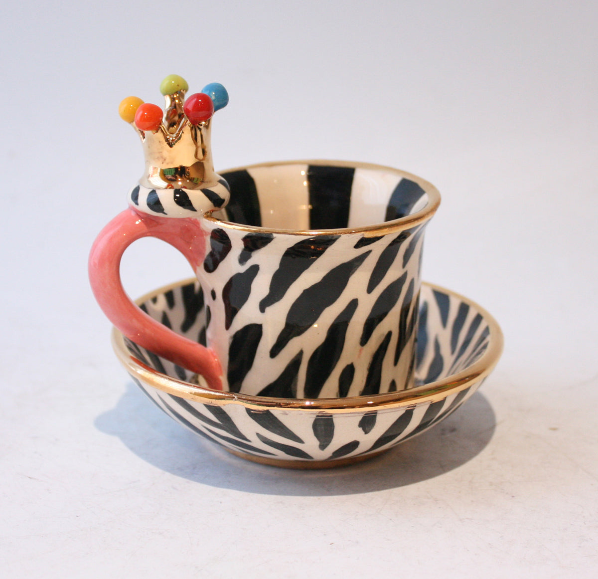 Crown Handled Demi Tasse and Saucer in Zebra