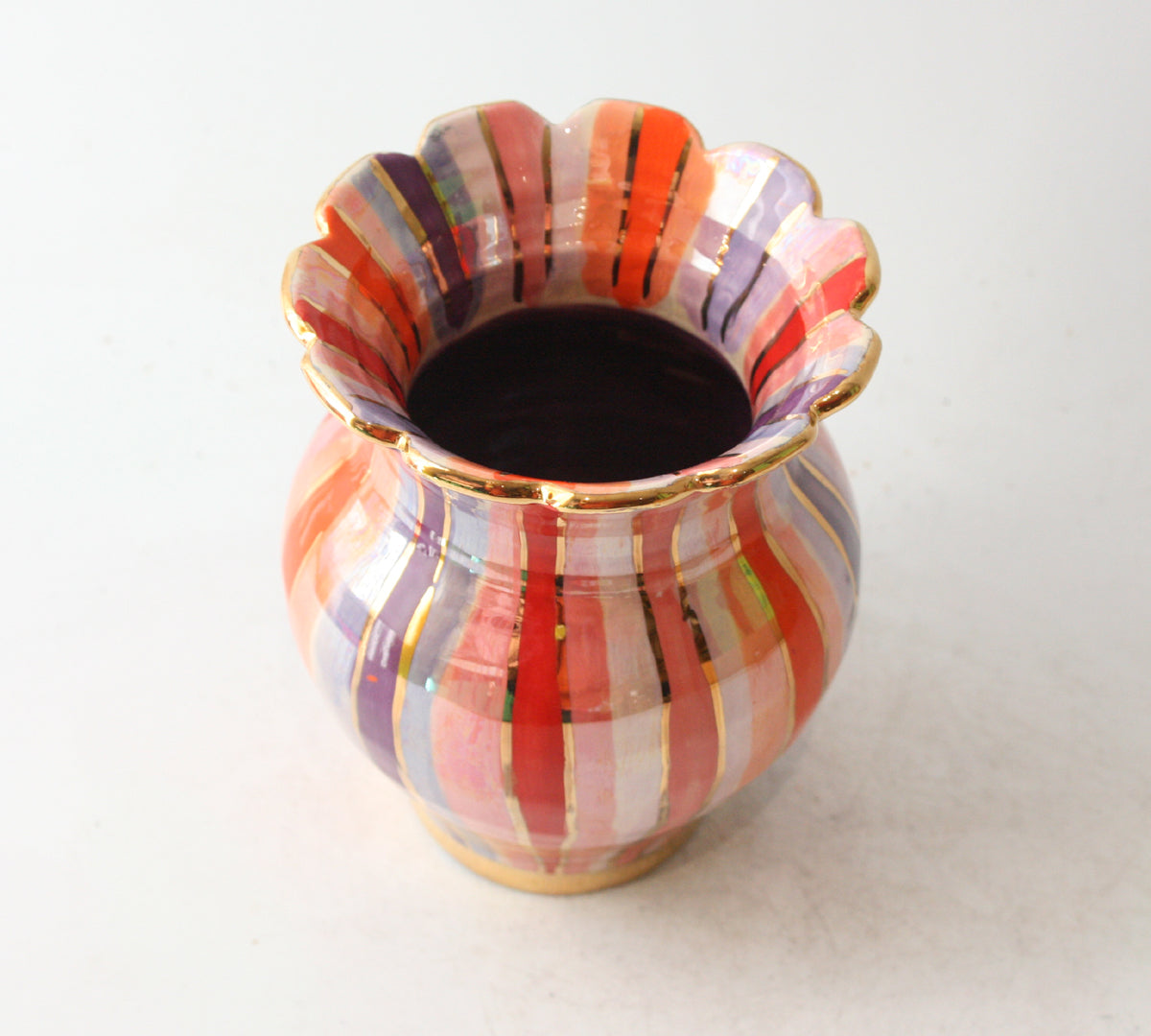 Small Fat Vase in Lustred Stripe with Fluted Edge