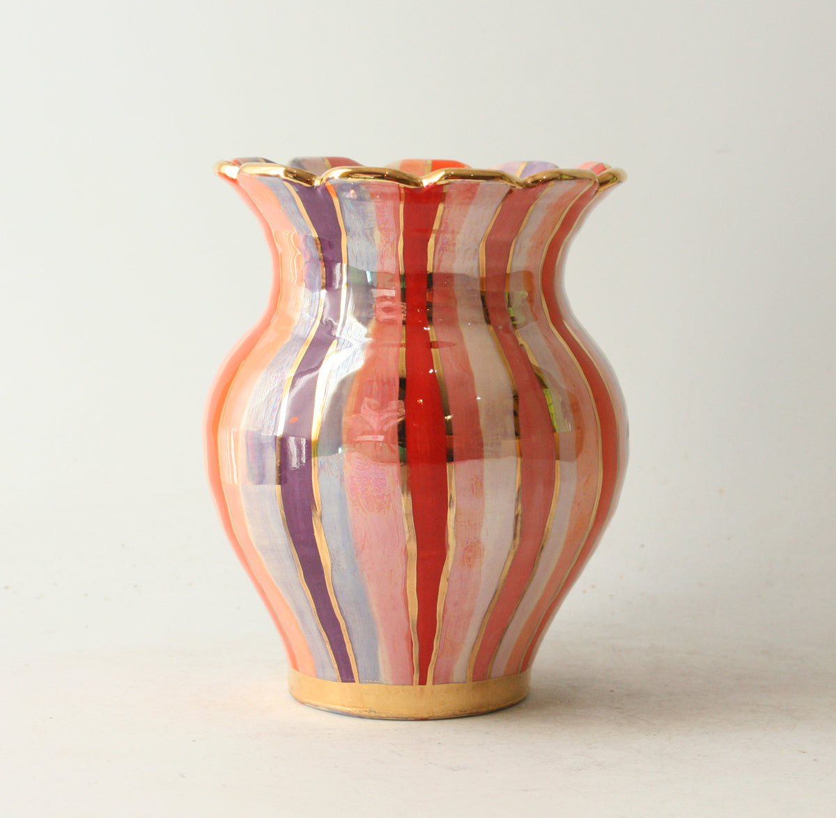 Small Fat Vase in Lustred Stripe with Fluted Edge