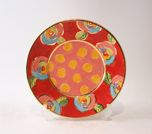 Side Plate Roses Red with Dotty Pink