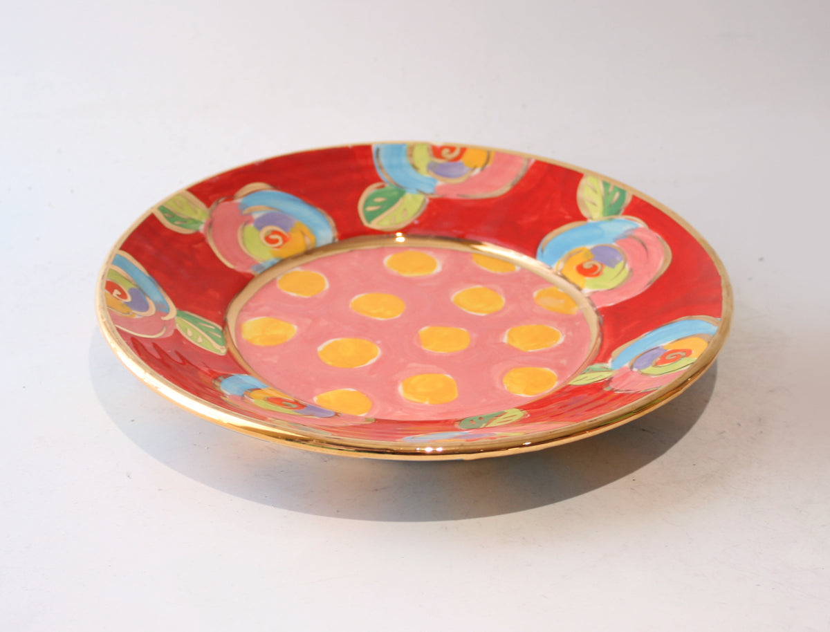 Side Plate Roses Red with Dotty Pink