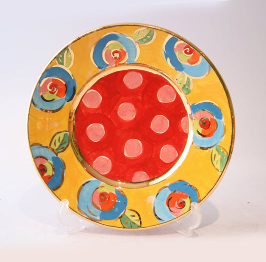 Side Plate Roses Yellow with Dotty Red