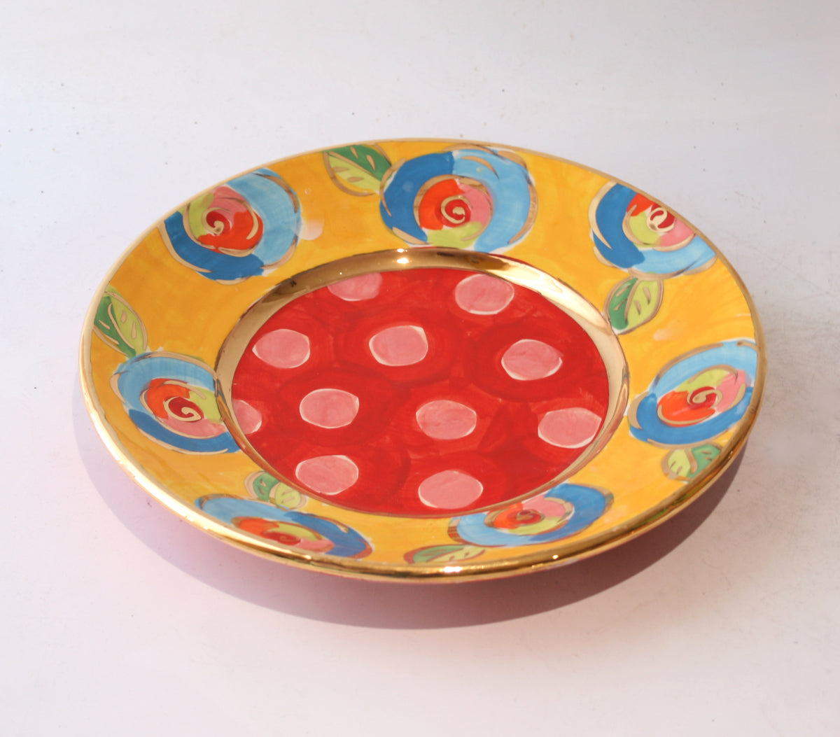 Side Plate Roses Yellow with Dotty Red