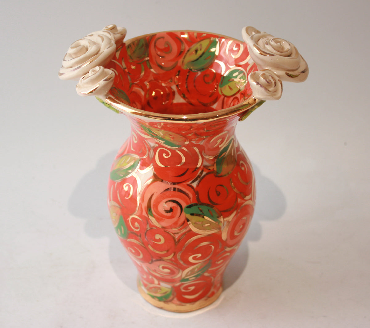 Small Rose Edged Vase in Orange Rosebush