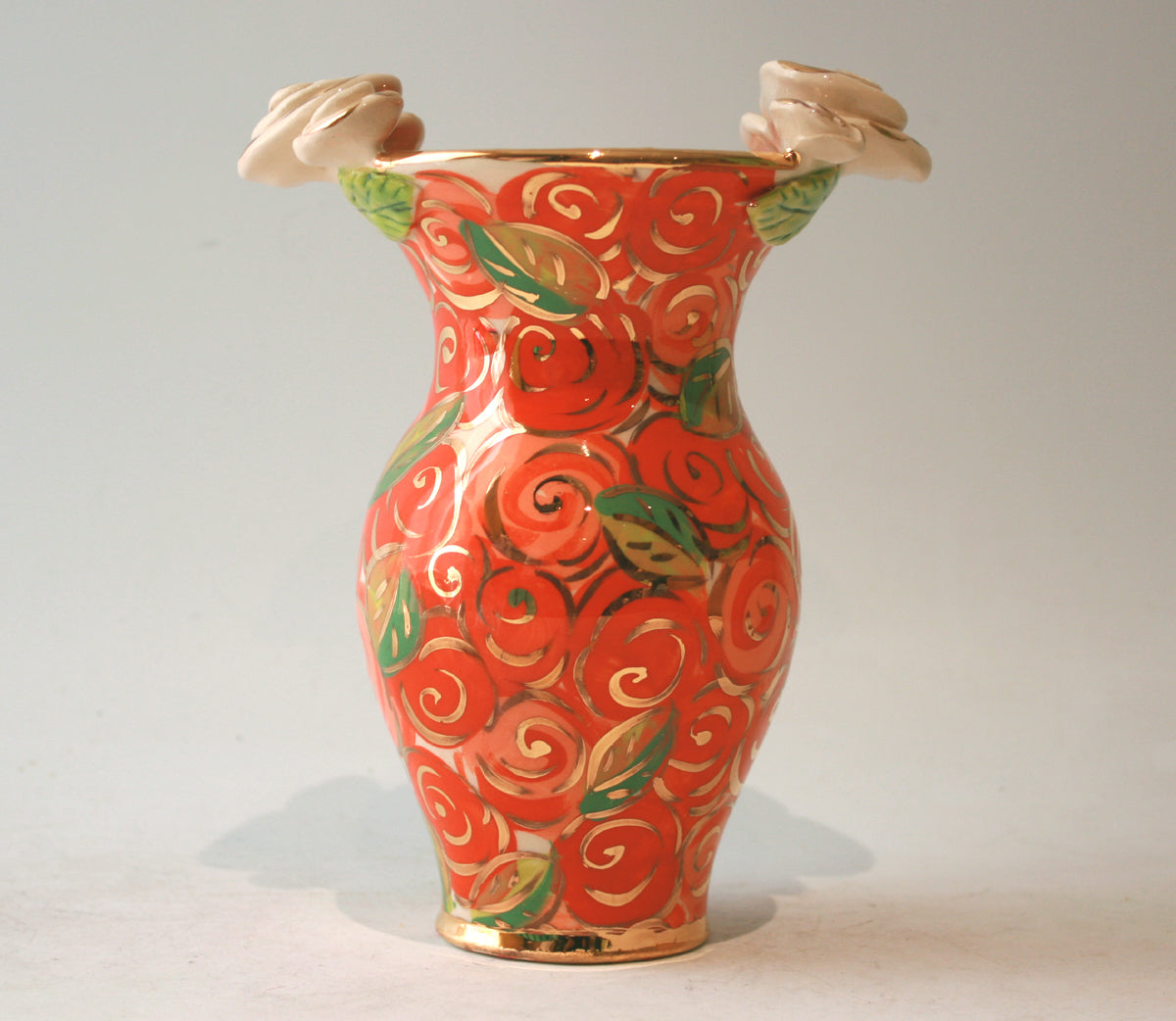 Small Rose Edged Vase in Orange Rosebush