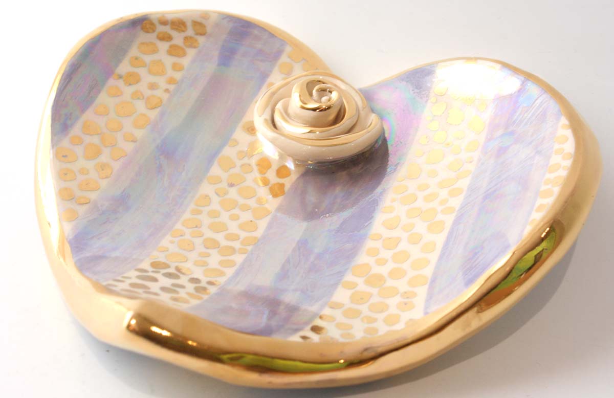 Heart Shaped Soap Dish in Gold Confetti and Lilac Stripe - MaryRoseYoung