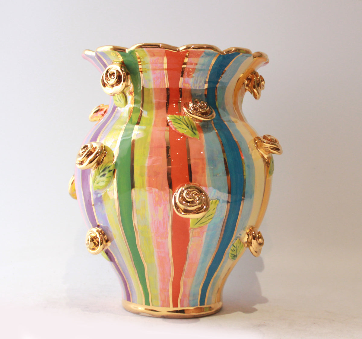 Large Fat Rose Studded Vase with Fluted Edge in Lustred Stripe