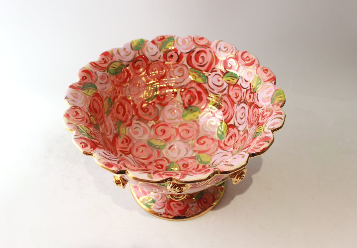 Rose Studded Fluted Punch Bowl in Pink Rosebush