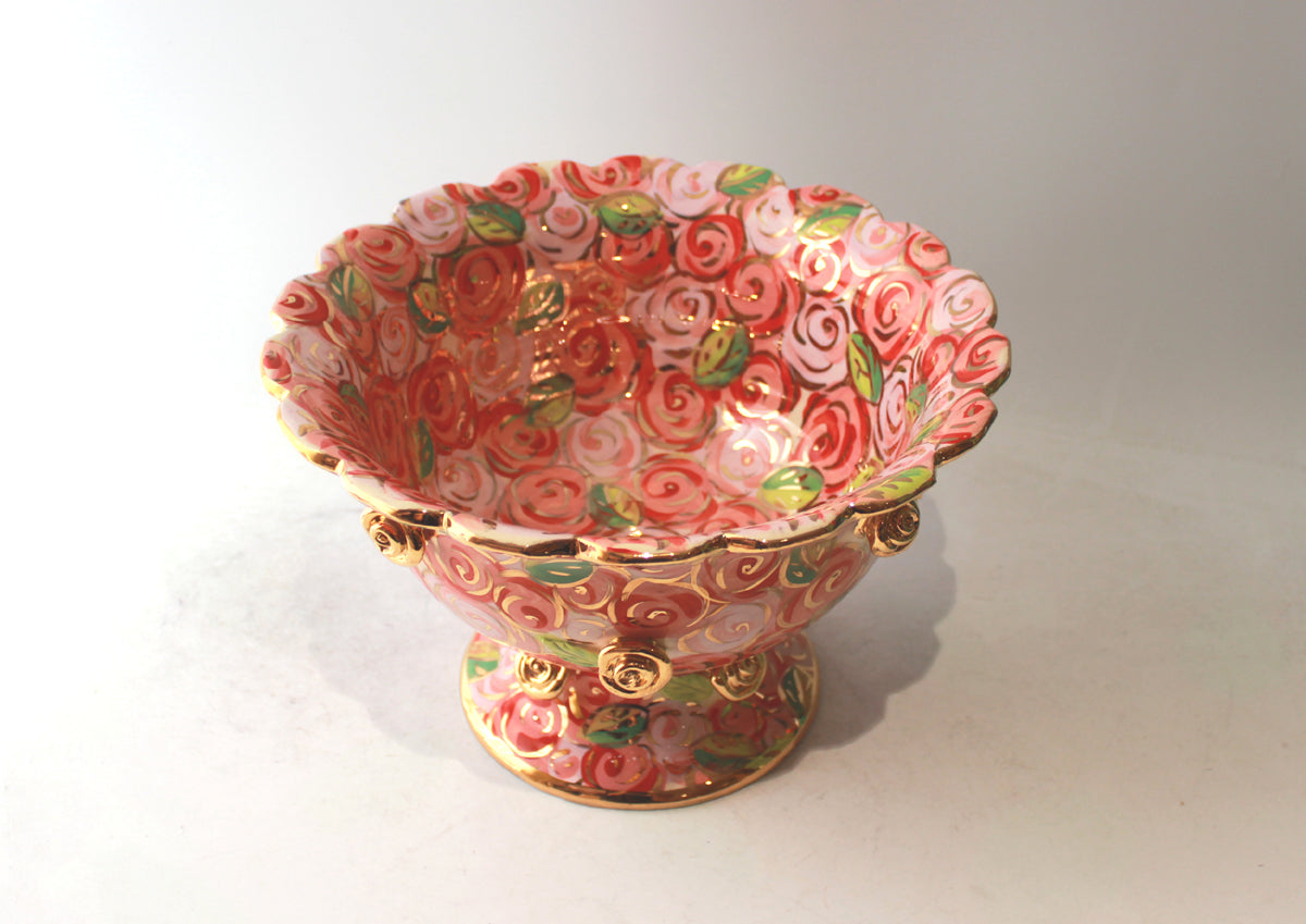Rose Studded Fluted Punch Bowl in Pink Rosebush