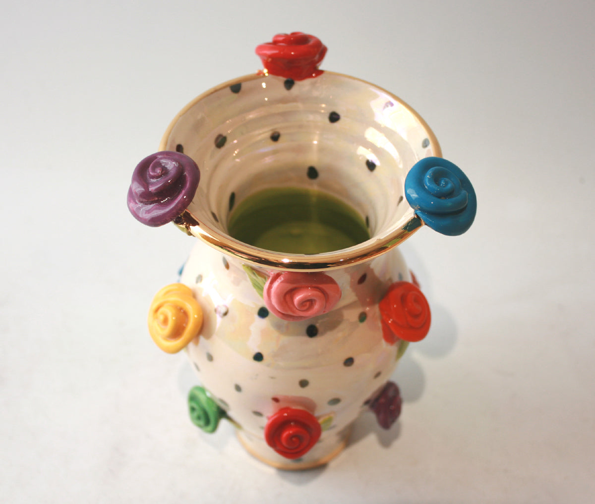 Small Rose Studded Vase in Iridescent Polka