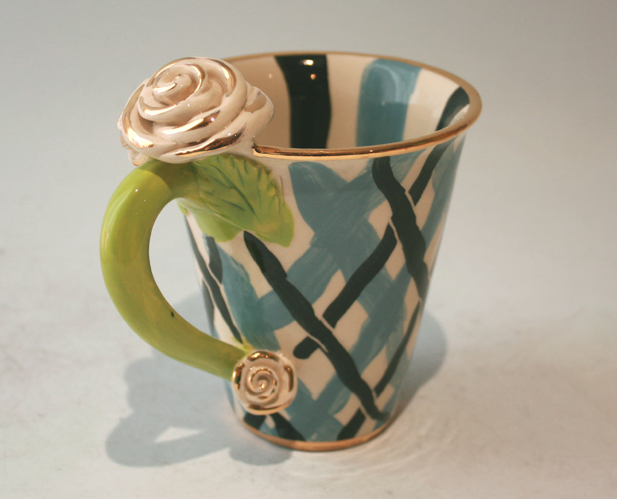 Rose Handled New Shape Large Mug in Blue and White Tartan