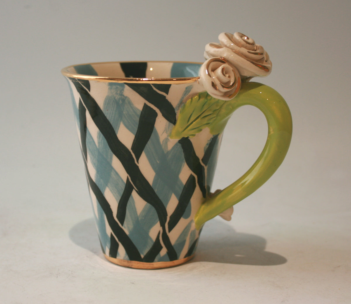 Rose Handled New Shape Large Mug in Blue and White Tartan