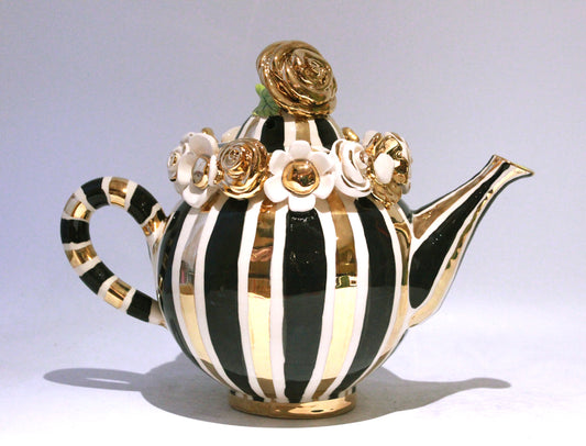 Large Multiflower Encrusted Teapot in Black and Gold and White Stripes