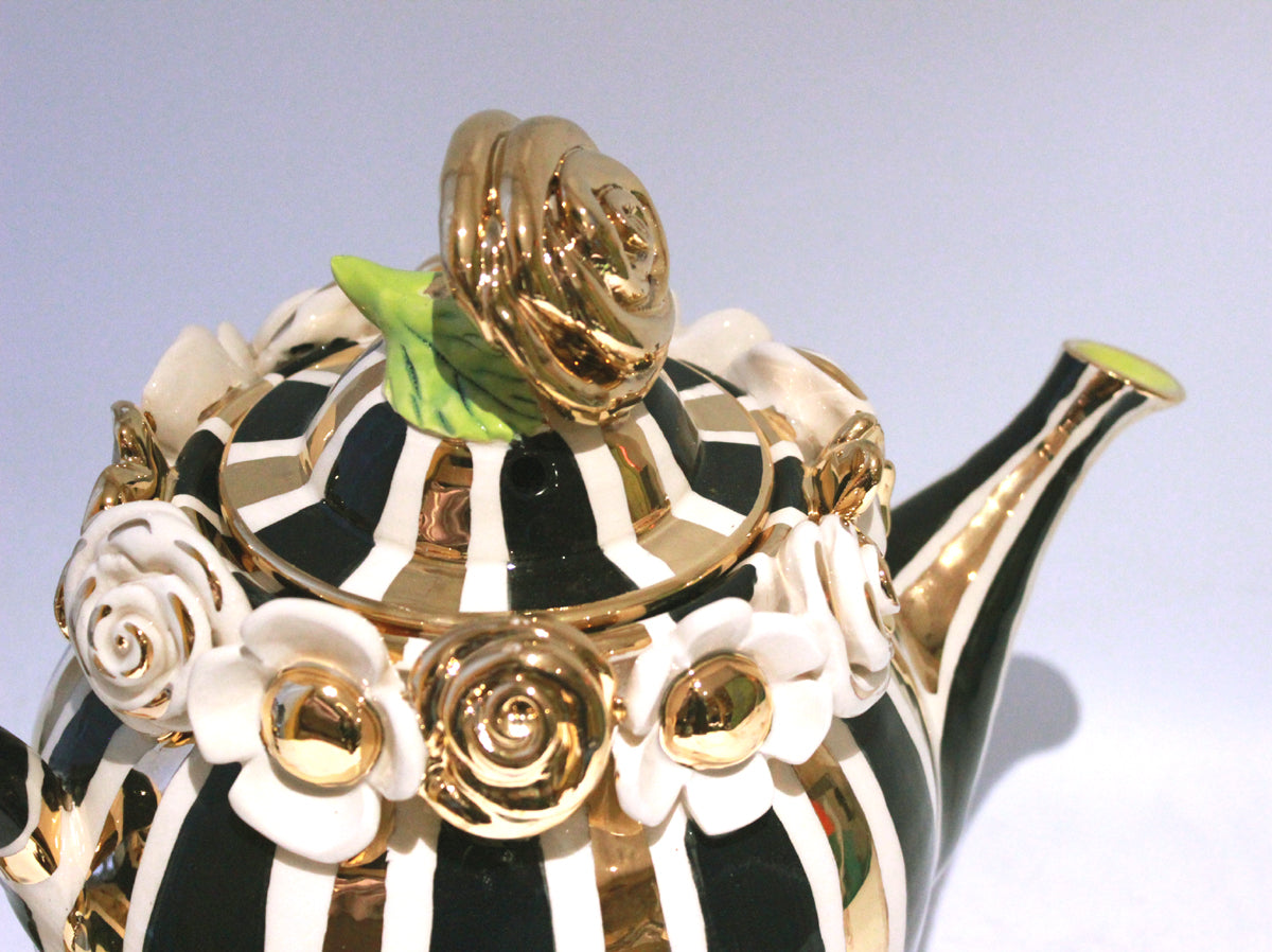 Large Multiflower Encrusted Teapot in Black and Gold and White Stripes