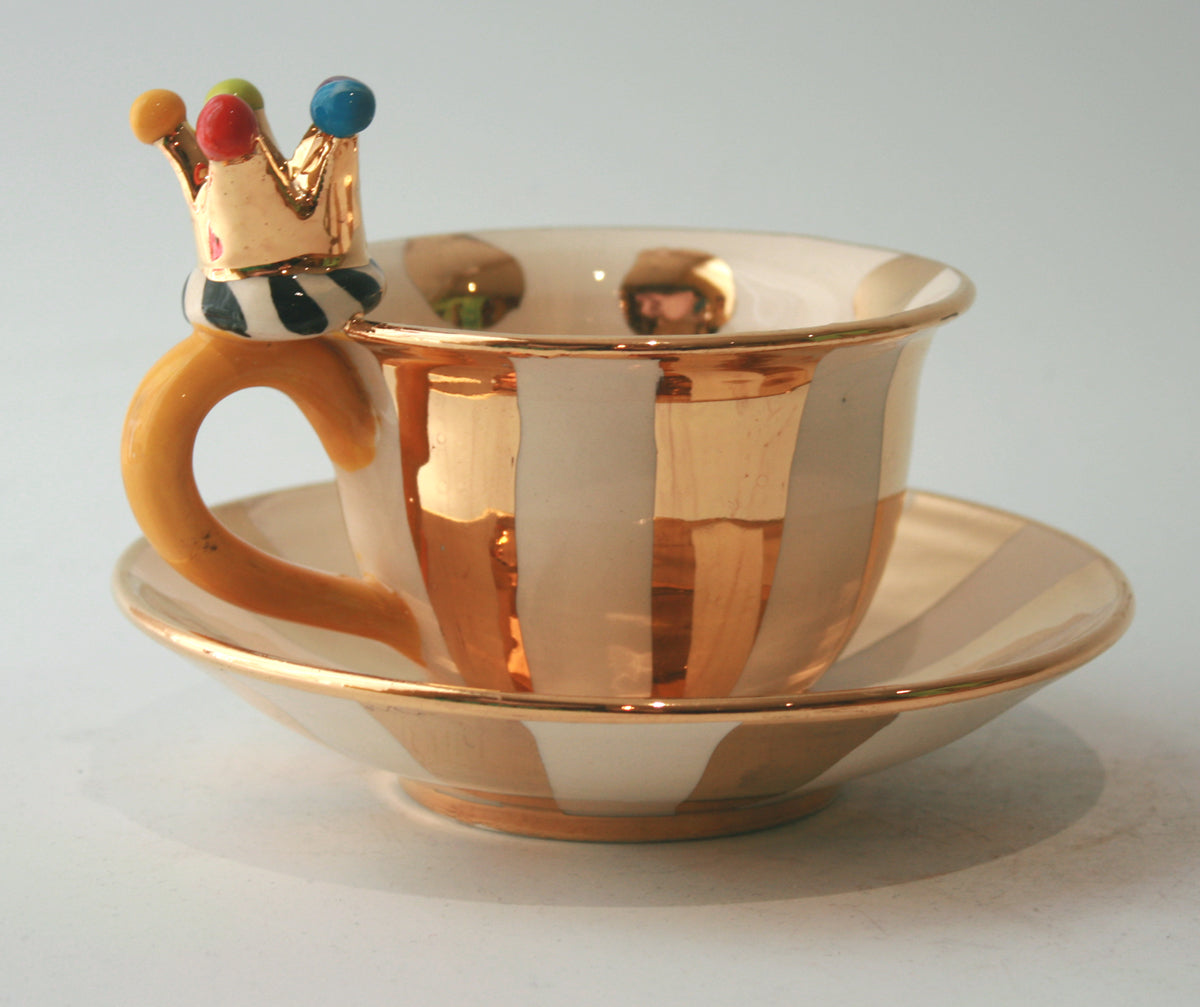 Crown Handled Cup and Saucer in Gold Stripe