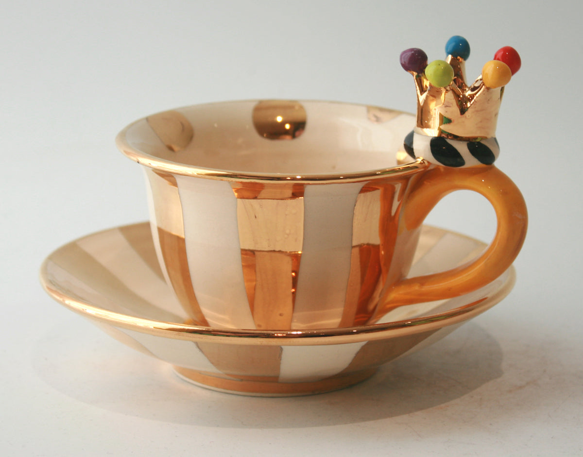Crown Handled Cup and Saucer in Gold Stripe