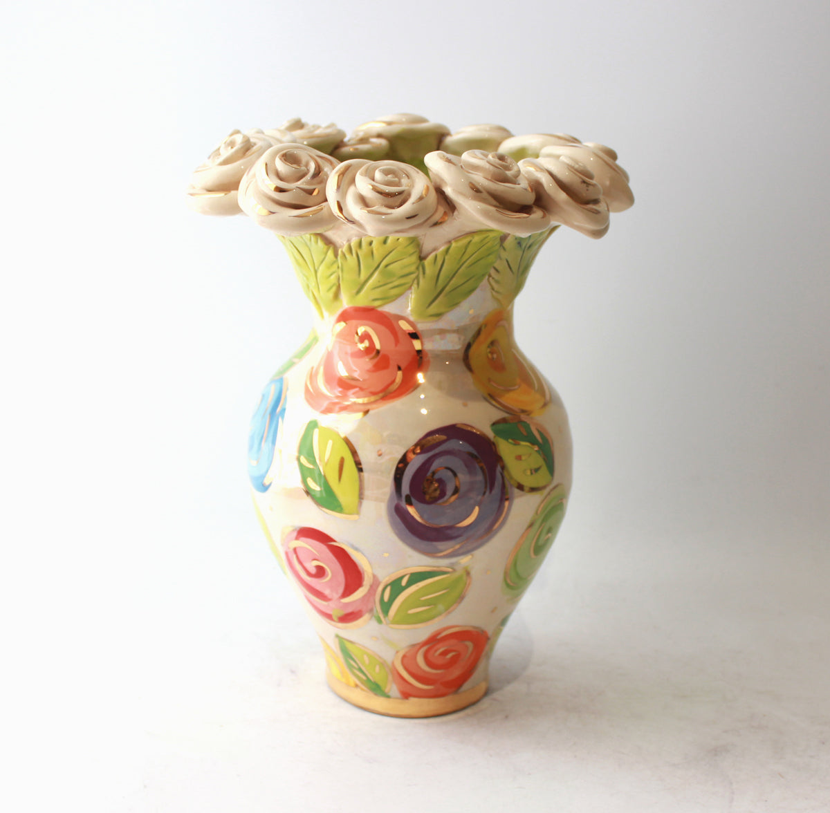 Medium Rose Encrusted Vase in Pastel Block Rose