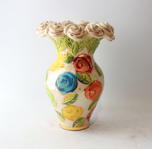 Medium Rose Encrusted Vase in Pastel Block Rose