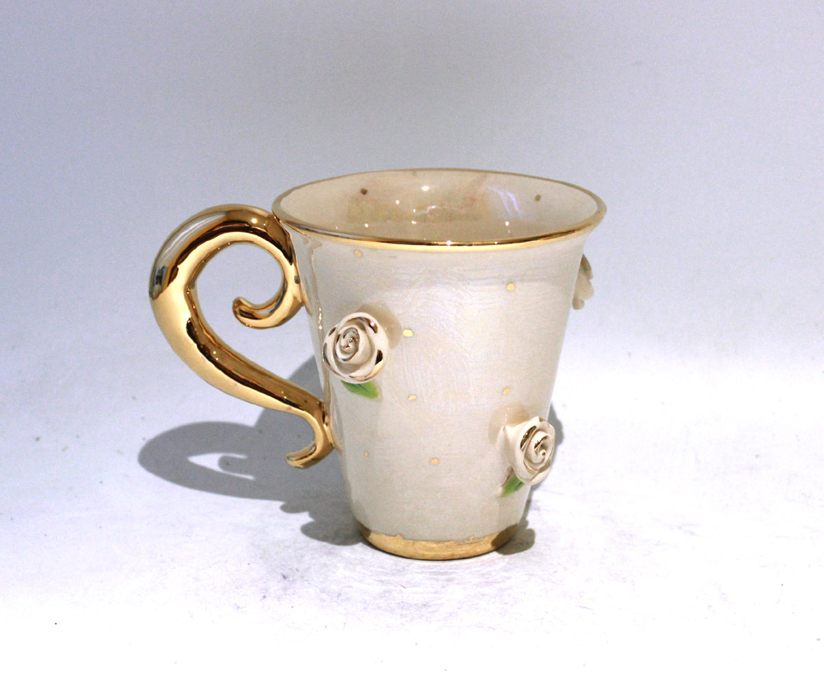 New Shape Large Rose Studded Mug in Iridescent White with Gold Dots and Lady Gaga Handle