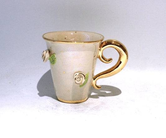 New Shape Large Rose Studded Mug in Iridescent White with Gold Dots and Lady Gaga Handle