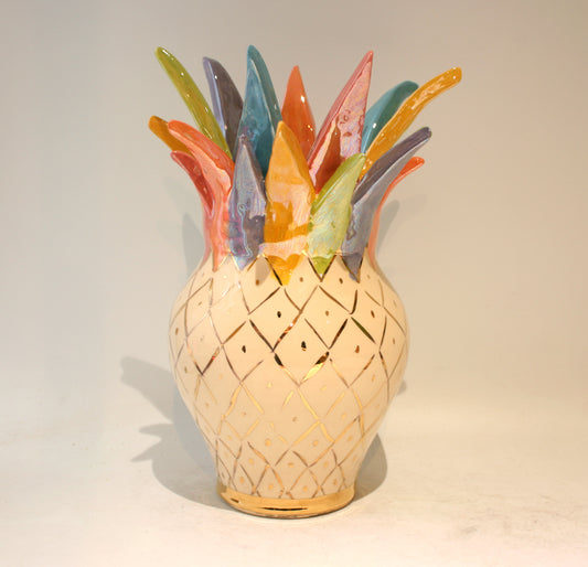 Large Pineapple Vase in White with Coloured