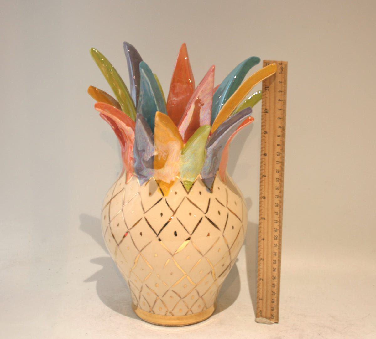 Large Pineapple Vase in White with Coloured