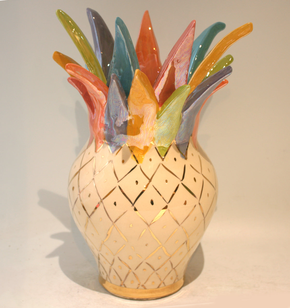 Large Pineapple Vase in White with Coloured