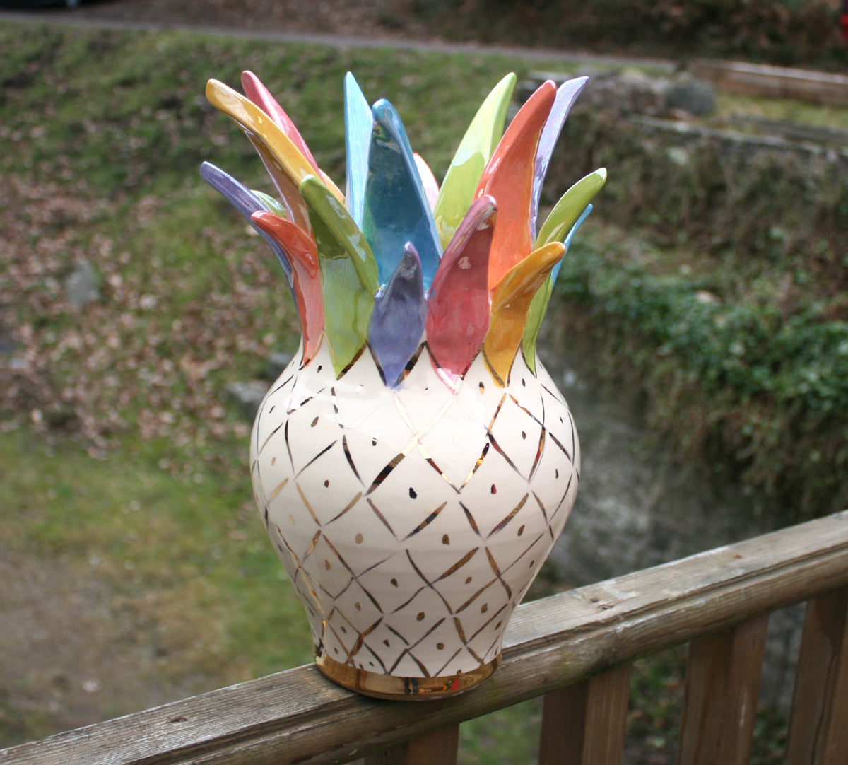 Large Pineapple Vase in White with Coloured