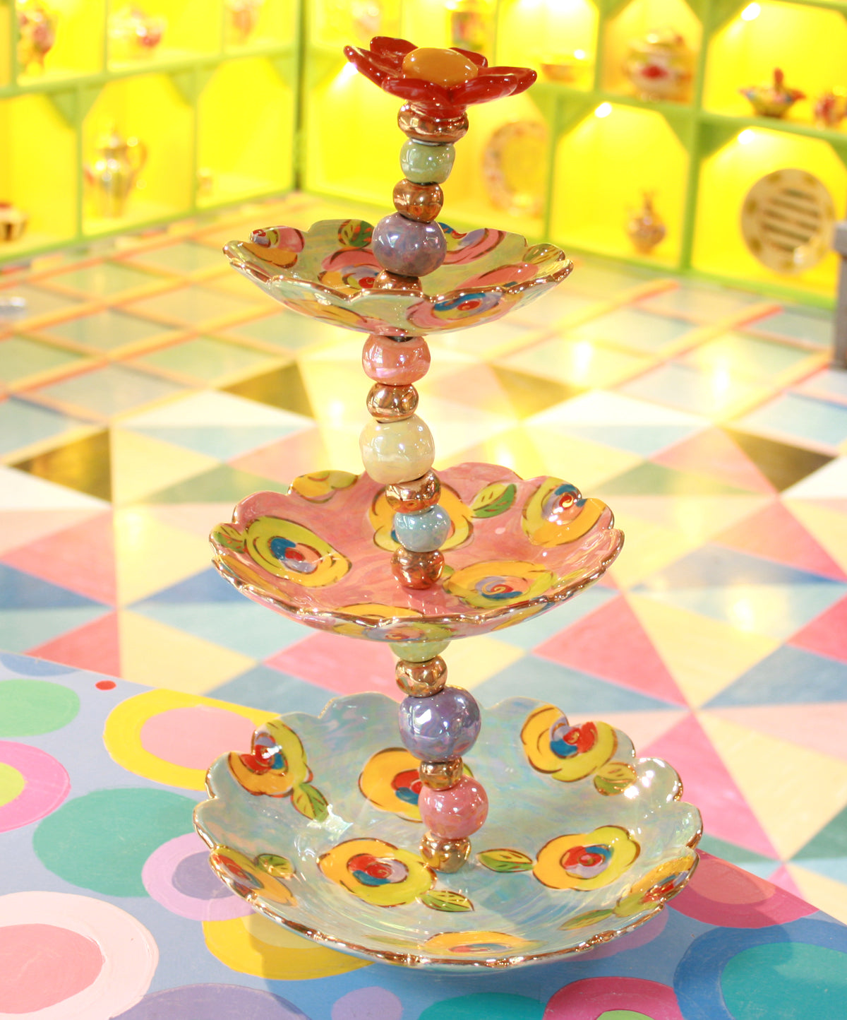 Three Tiered Wonky Cakestand in Iridescent Pastels