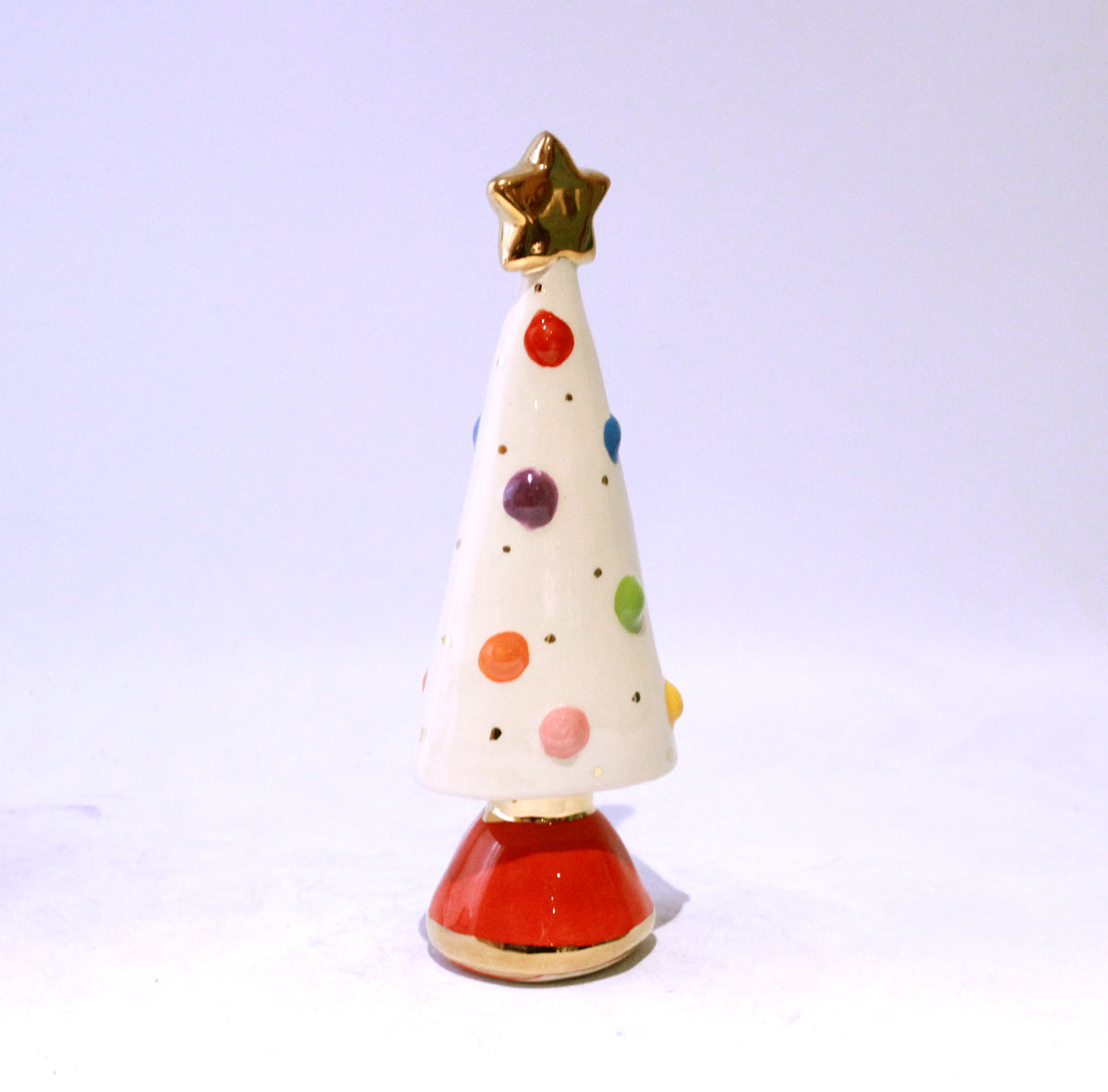 Small Christmas Tree in White with Coloured Ornaments and a Red Base