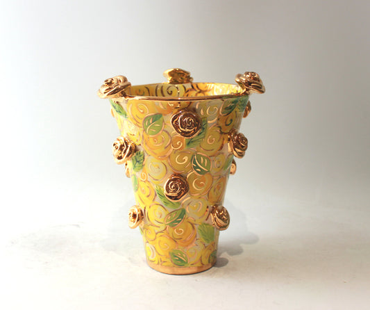 Large Flared Rose Studded Vase in Yellow Rosebush