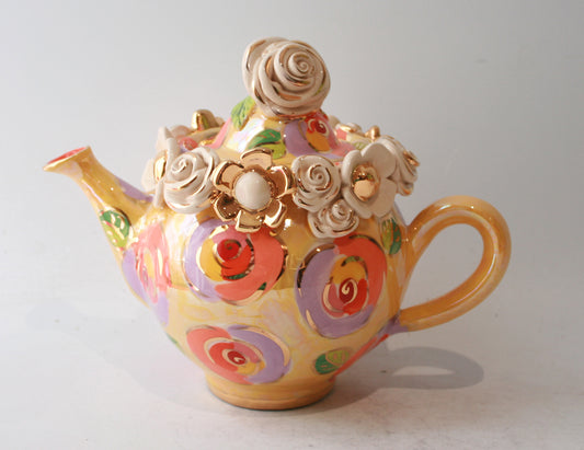 Tiny Rose Lidded Encrusted Teapot in Lustred New Rose Yellow