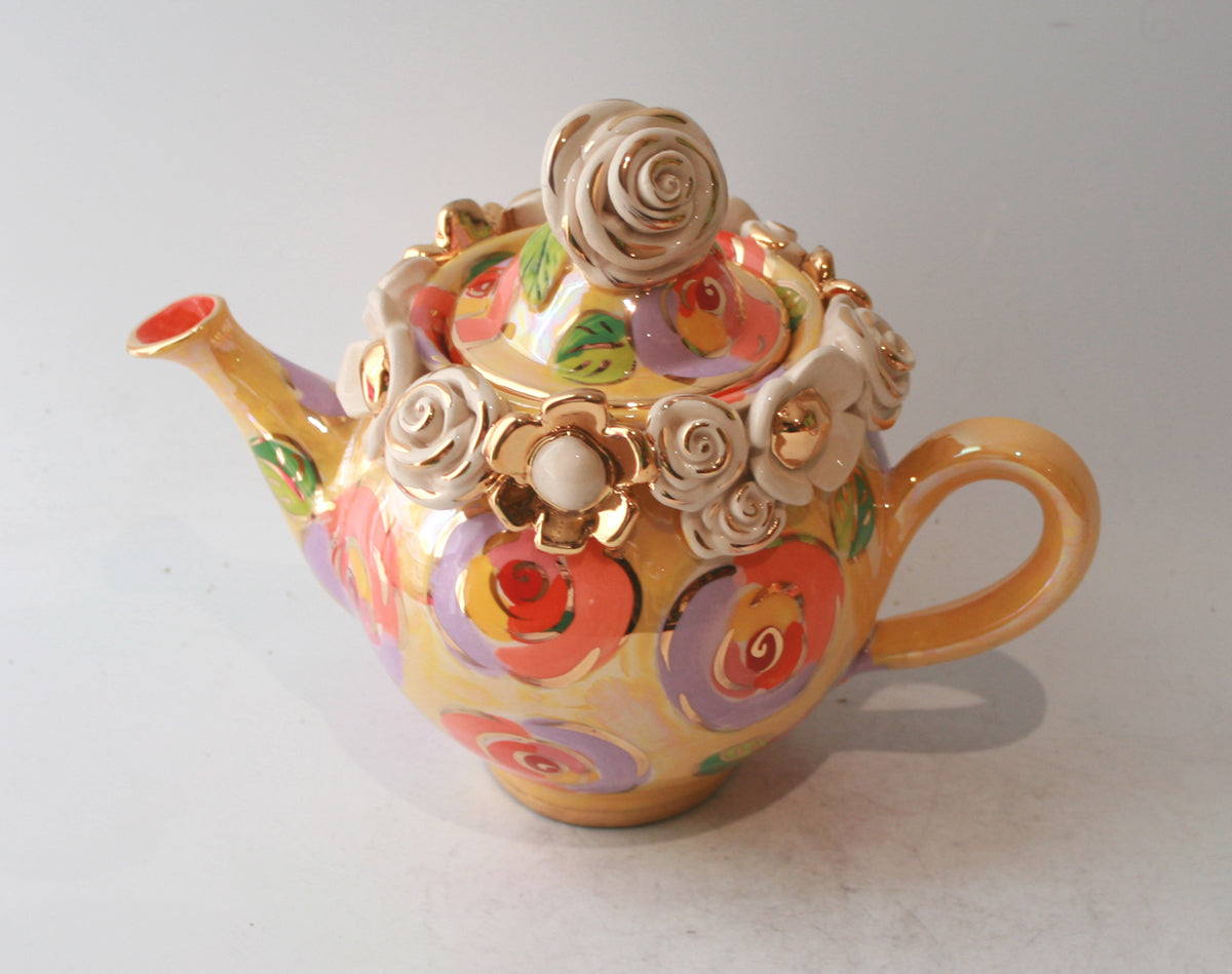 Tiny Rose Lidded Encrusted Teapot in Lustred New Rose Yellow