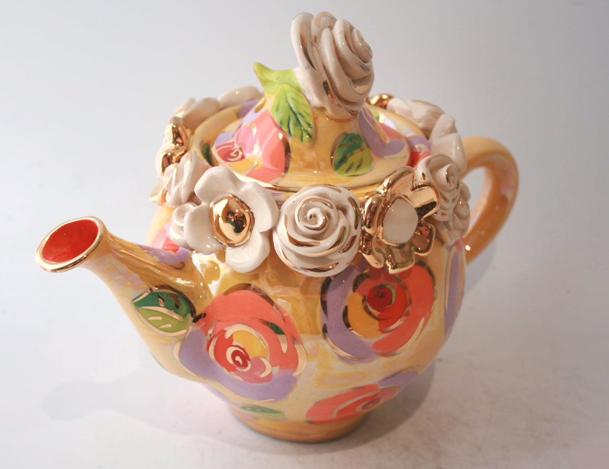 Tiny Rose Lidded Encrusted Teapot in Lustred New Rose Yellow