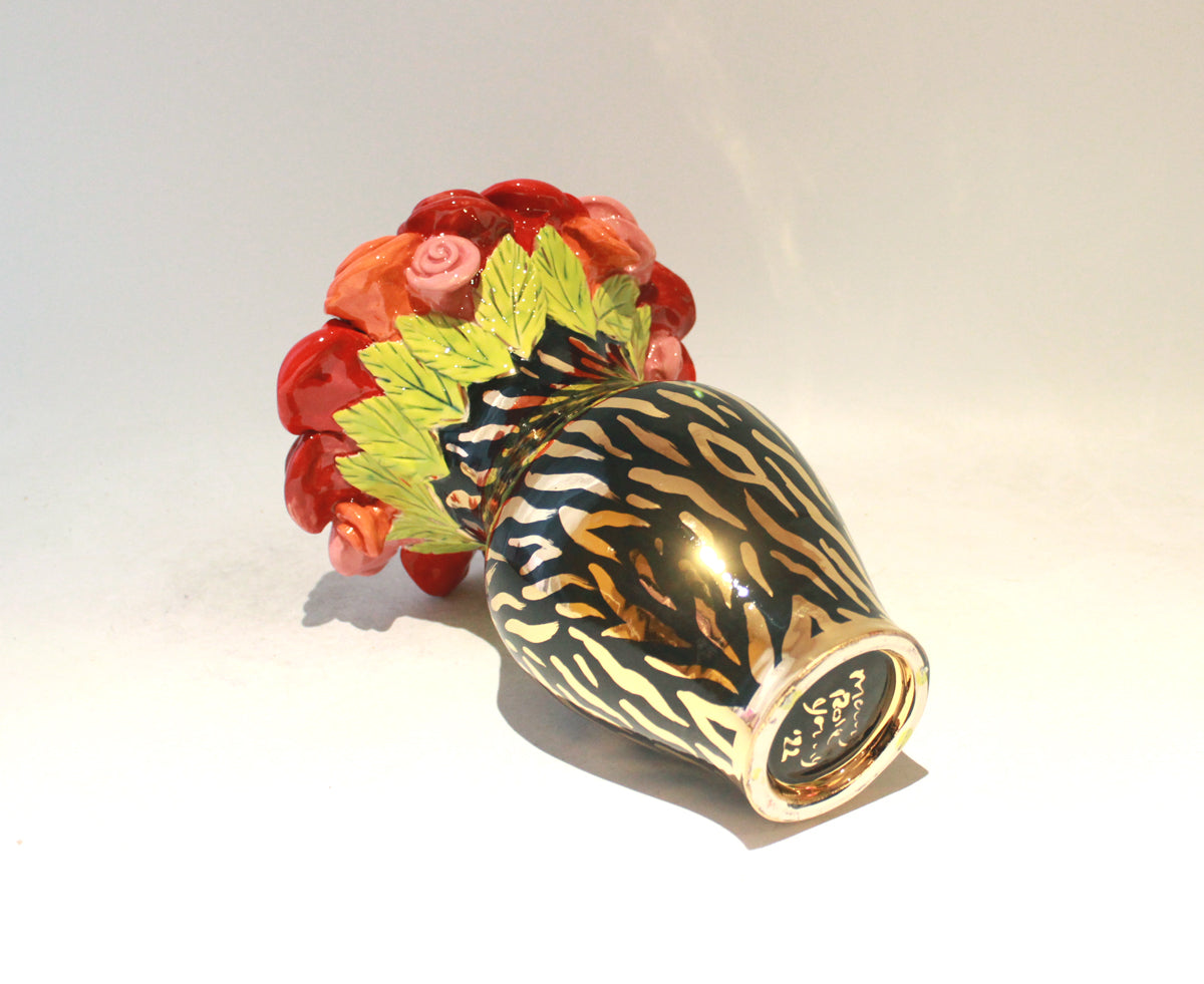 Medium Rose Encrusted Vase in Gold Zebra on Black