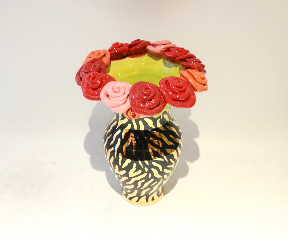 Medium Rose Encrusted Vase in Gold Zebra on Black