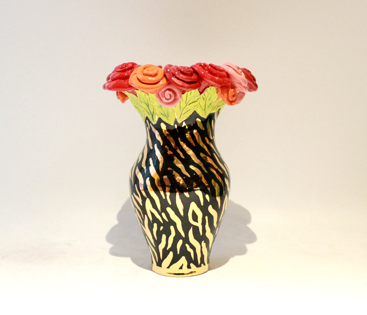 Medium Rose Encrusted Vase in Gold Zebra on Black