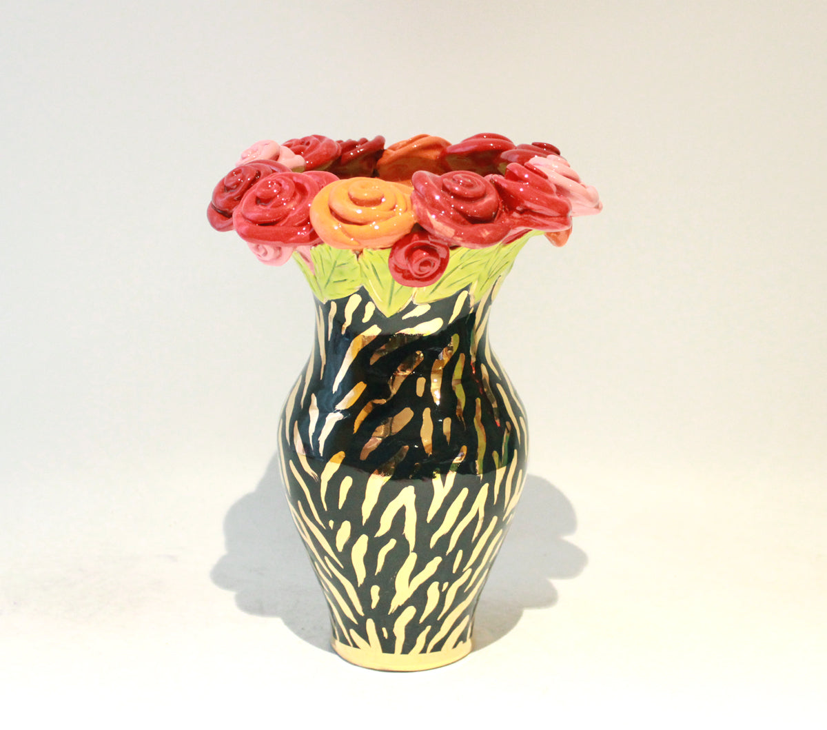 Medium Rose Encrusted Vase in Gold Zebra on Black