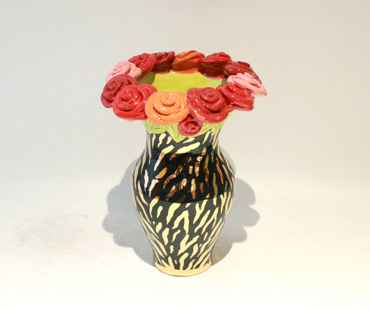 Medium Rose Encrusted Vase in Gold Zebra on Black